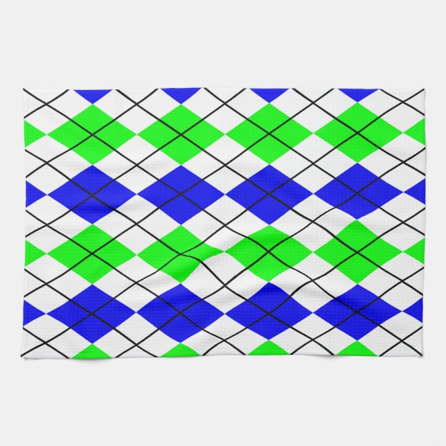 Blue Green White Argyle Diamond Design  Tea Towel (Horizontal)