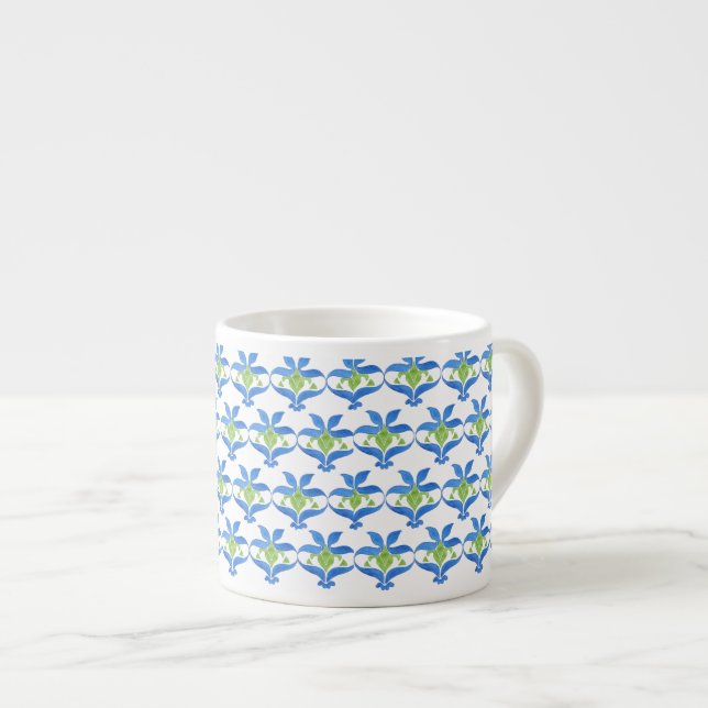 Blue Green White Art Nouveau Pattern Espresso Mug (Front Right)