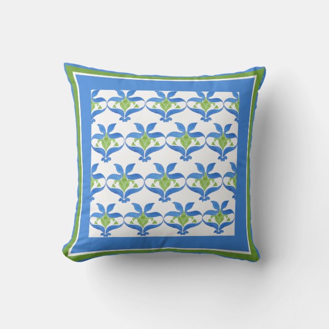 Blue, Green  White Art Nouveau Pattern Pillow (Front)
