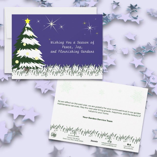 Blue, Green & White Christmas Season Business  Holiday Card (Blue, Green & White Christmas Season Business Holiday Card, Christmas Tree - Snow Landscape)