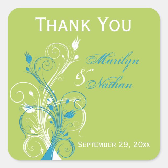 Blue Green White Floral 1.5" Wedding Favour Sticke Square Sticker (Front)
