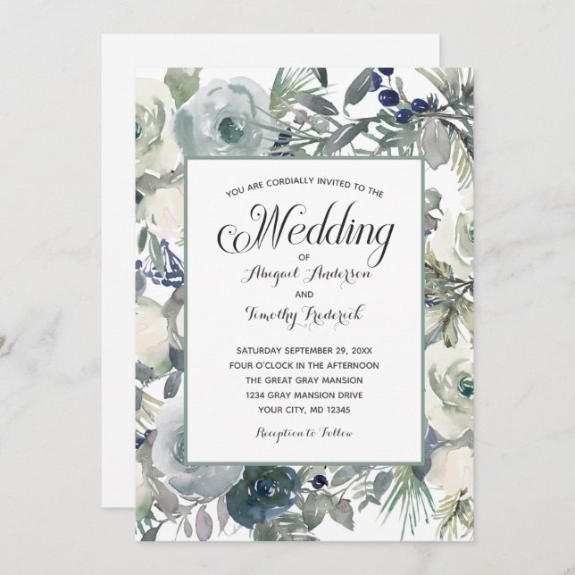Blue Green White Floral Elegant Formal Wedding  Invitation (Front/Back)