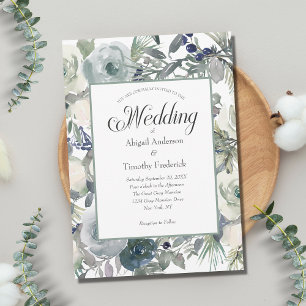 Blue Green White Floral Elegant Formal Wedding Invitation