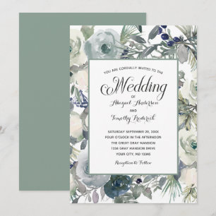 Blue Green White Floral Elegant Formal Wedding  Invitation
