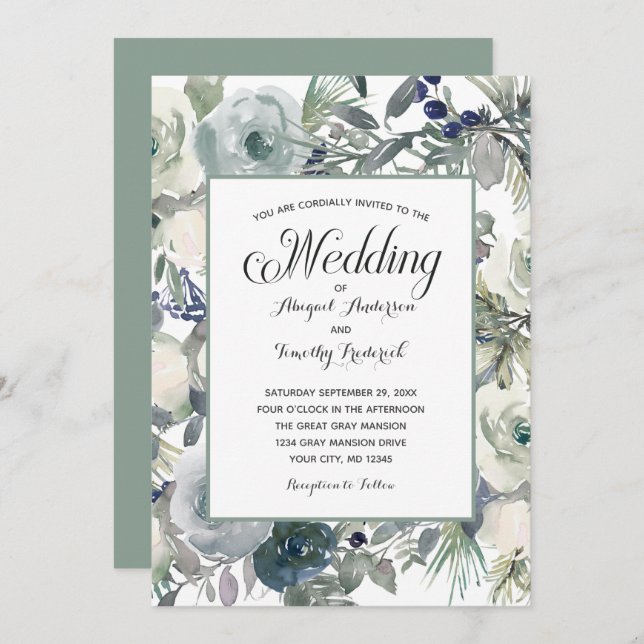Blue Green White Floral Elegant Formal Wedding  Invitation (Front/Back)