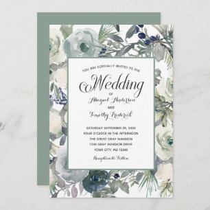 Blue Green White Floral Elegant Formal Wedding  Invitation