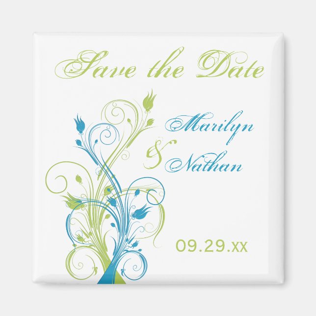 Blue Green White Floral Save the Date Magnet (Front)