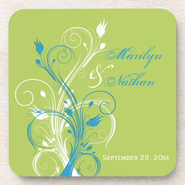 Blue Green White Floral Wedding Coaster Set (6) (Front)