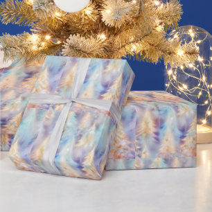 Blue Green White Gold Trees Modern Christmas Wrapping Paper