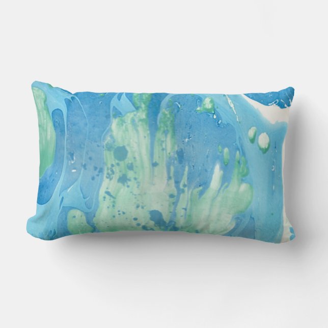 Blue Green White Marble Look Modern Abstract Lumbar Cushion (Front)