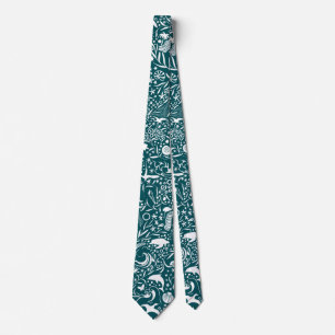 Blue Green White Ocean Pattern Dolphin Wave Shell Tie