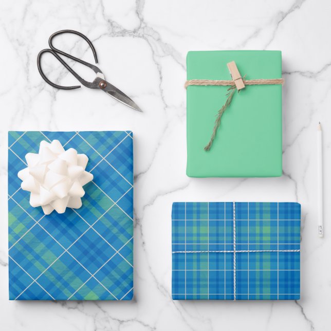 Blue, Green & White Plaid Wrapping Paper Sheet (Front)
