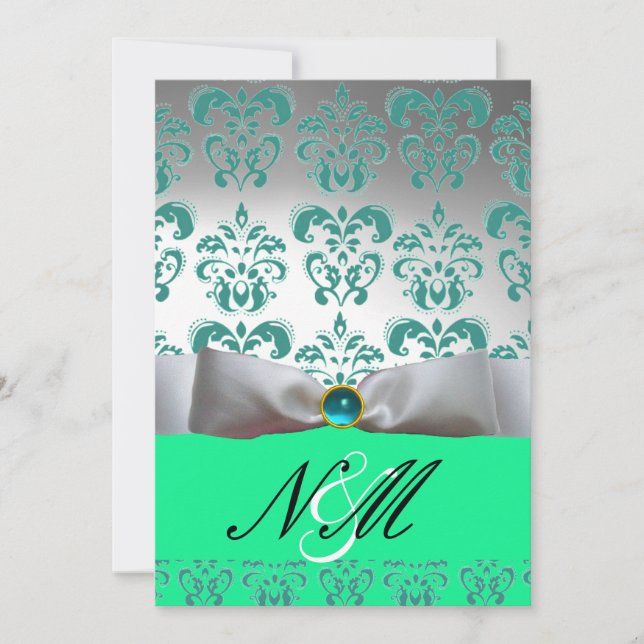 BLUE GREEN  WHITE RIBBON  BLACK DAMASK MONOGRAM INVITATION (Front)