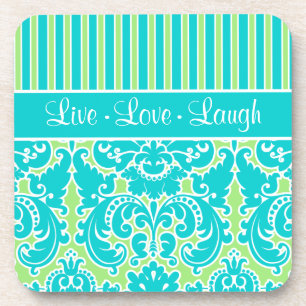 Blue, Green, White Striped Damask Coaster Set (6)