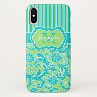 Blue, Green, White Striped Damask iPhone X Case