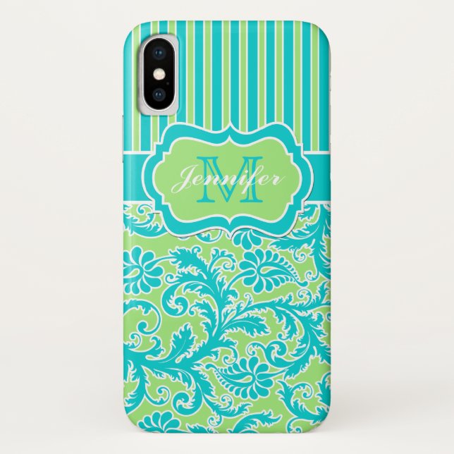 Blue, Green, White Striped Damask iPhone X Case (Back)