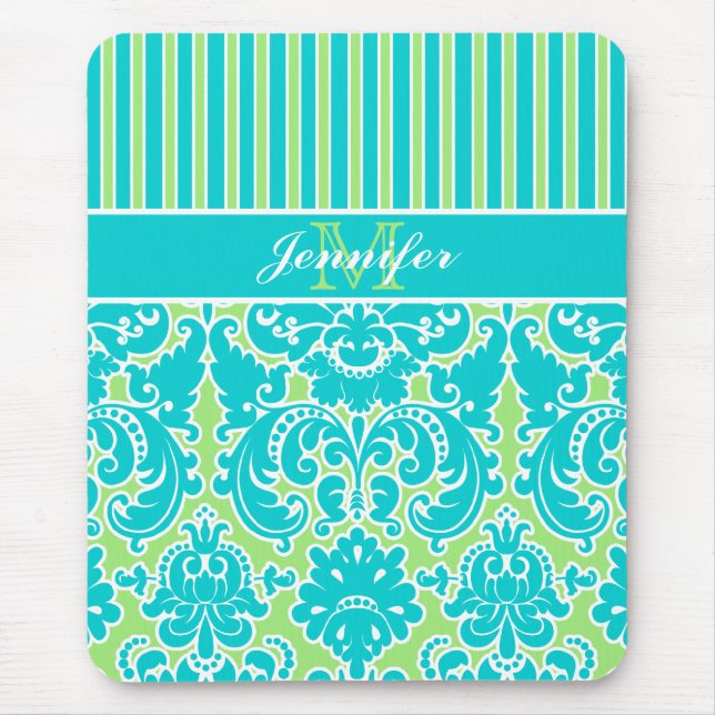 Blue Green White Striped Damask Monogram Mousepad (Front)