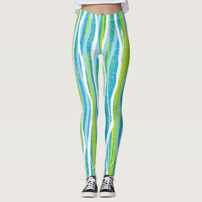 Blue Green White Striped Quality Workout Leggings (Front)