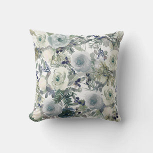 Blue Green White Watercolor Floral Flowers Cushion