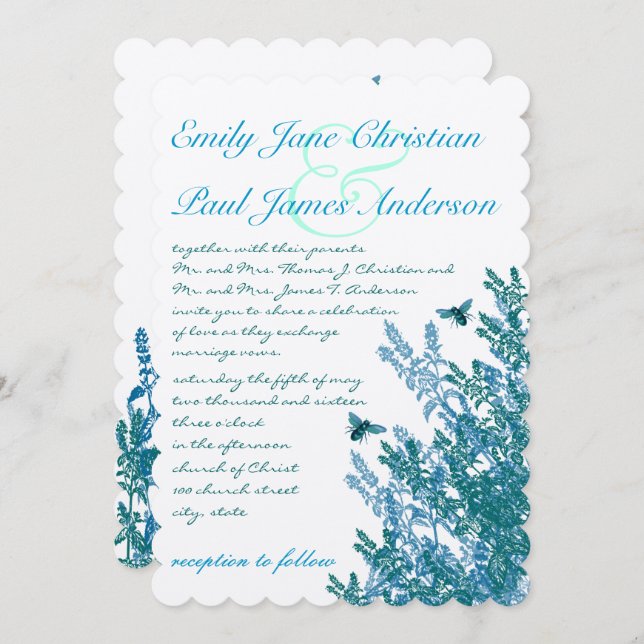 Blue Green Wild Flowers Bees Wedding Invitation #2 (Front/Back)