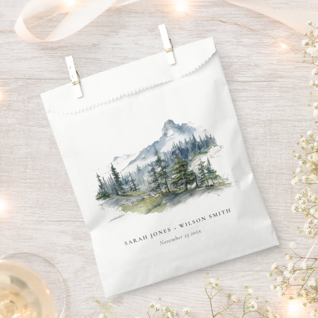 Blue Green Woods Mountain Landscape Sketch Wedding Favour Bags (Clipped)