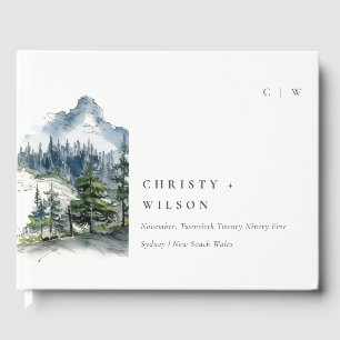 Blue Green Woods Mountain Landscape Sketch Wedding Guest Book
