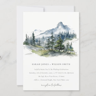 Blue Green Woods Mountain Landscape Sketch Wedding Invitation