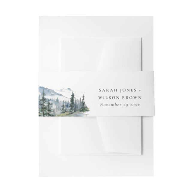 Blue Green Woods Mountain Landscape Sketch Wedding Invitation Belly Band (Front Example)