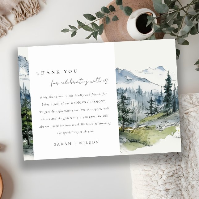 Blue Green Woods Mountain Landscape Sketch Wedding Thank You Card (Creator Uploaded)