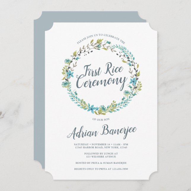 Blue Green Wreath First Rice Ceremony Invitation (Front/Back)