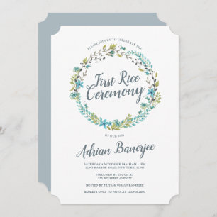 Blue Green Wreath First Rice Ceremony Invitation