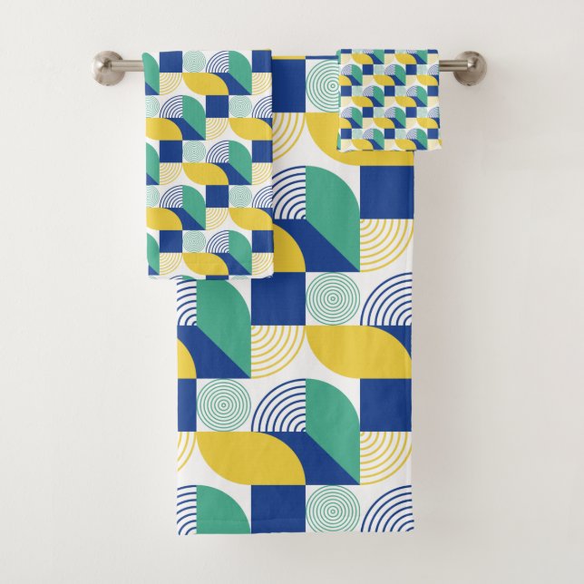 Blue Green Yellow Abstract Geometric Pattern Bath Towel Set (Insitu)