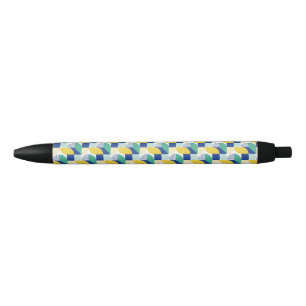 Blue Green Yellow Abstract Geometric Pattern Black Ink Pen