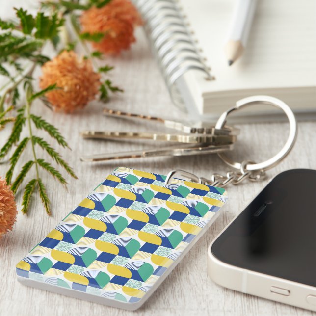 Blue Green Yellow Abstract Geometric Pattern Key Ring (Front Right)