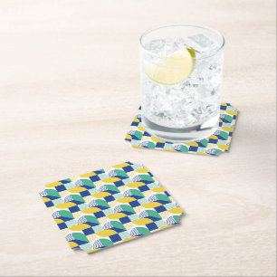 Blue Green Yellow Abstract Geometric Pattern Paper Coaster