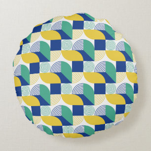 Blue Green Yellow Abstract Geometric Pattern Round Cushion