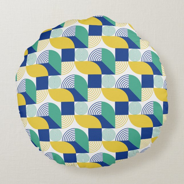 Blue Green Yellow Abstract Geometric Pattern Round Cushion (Back)