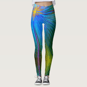 Blue Green Yellow Abstract Stripe Pattern Modern Leggings