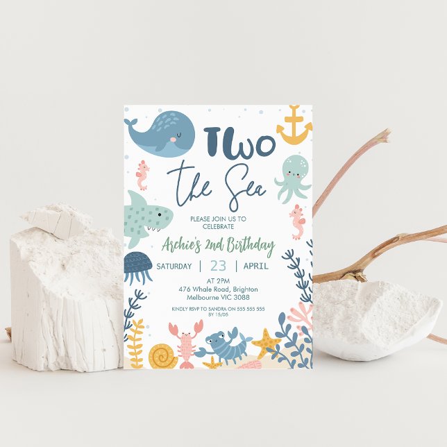Blue Green Yellow Boys Two The Sea Birthday Invitation (Two the Sea Birthday Invitation, Under the Sea Party Boy, Ocean birthday party, 2nd birthday party,)