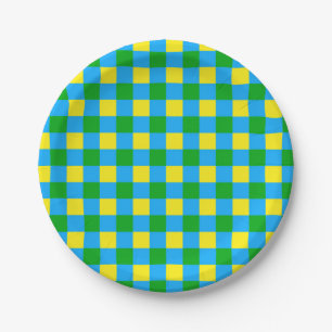 Blue Green Yellow Check Plaid Pattern Design Paper Plate