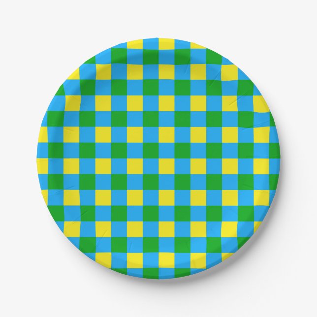 Blue Green Yellow Check Plaid Pattern Design  Paper Plate (Front)