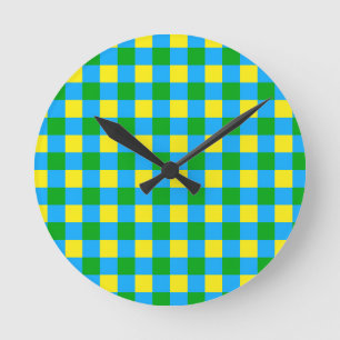Blue Green Yellow Check Plaid Pattern Design  Round Clock