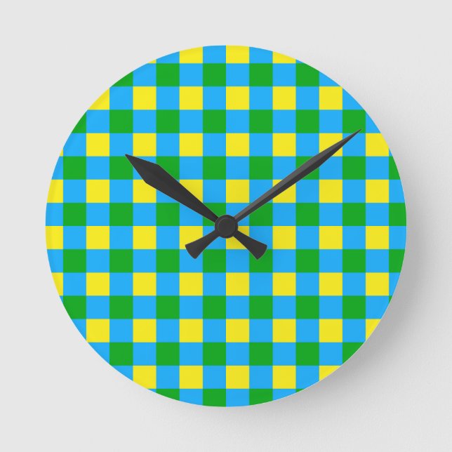 Blue Green Yellow Check Plaid Pattern Design  Round Clock (Front)