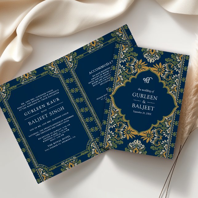 Blue Green Yellow Ikat All in One Sikh Wedding Invitation (Creator Uploaded)