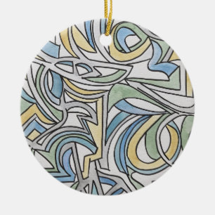 Blue Green Yellow Lattice-Abstract Watercolor Art Ceramic Tree Decoration