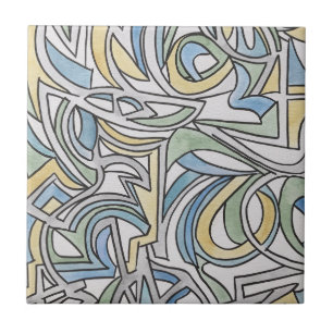 Blue Green Yellow Lattice-Hand Painted Abstract Tile