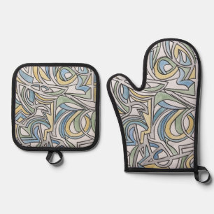 Blue Green Yellow Lattice Oven Mitt & Pot Holder Set