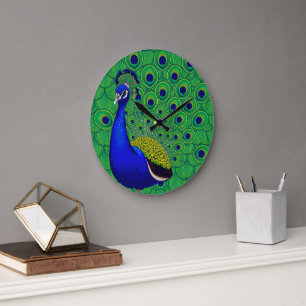 Blue- green yellow peacock Wallpaper Large Clock