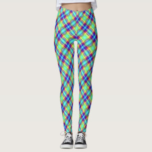 Blue Green Yellow Purple Ribbon Plaid Leggings
