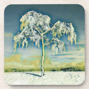 Blue Green Yellow Winter Snowed Tree Watercolor Coaster